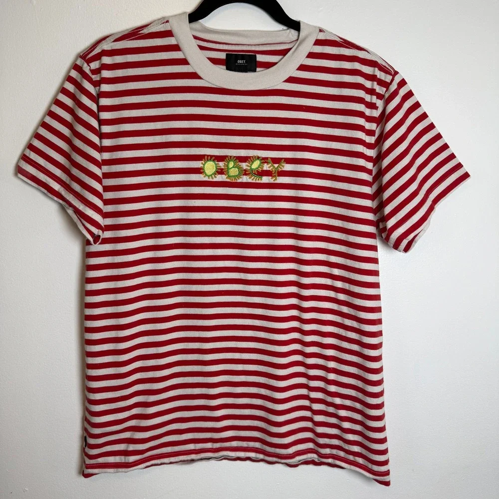 OBEY Worldwide Red White Stripe Embroidered Logo T Shirt‎ Mens Size M